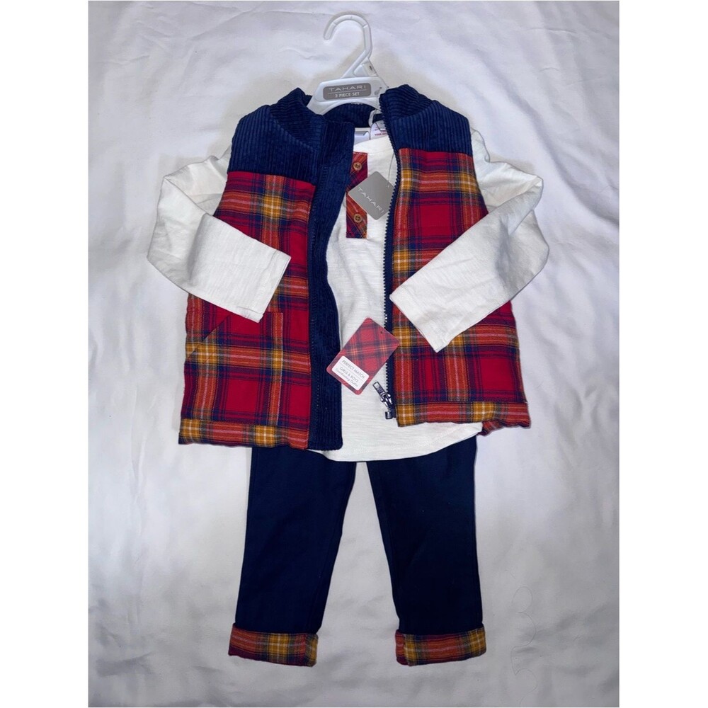 Tahari size 2t Red & blue Plaid Vest with Cream Top and pants 3 piece outfit NWT